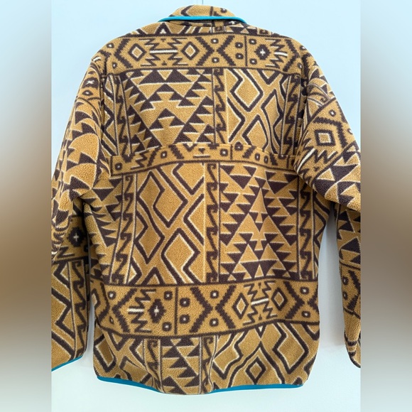 Patagonia Brown Tan Fleece Jacket Blue Trim Aztec Men’s Size S Women’s Medium - Picture 8 of 8